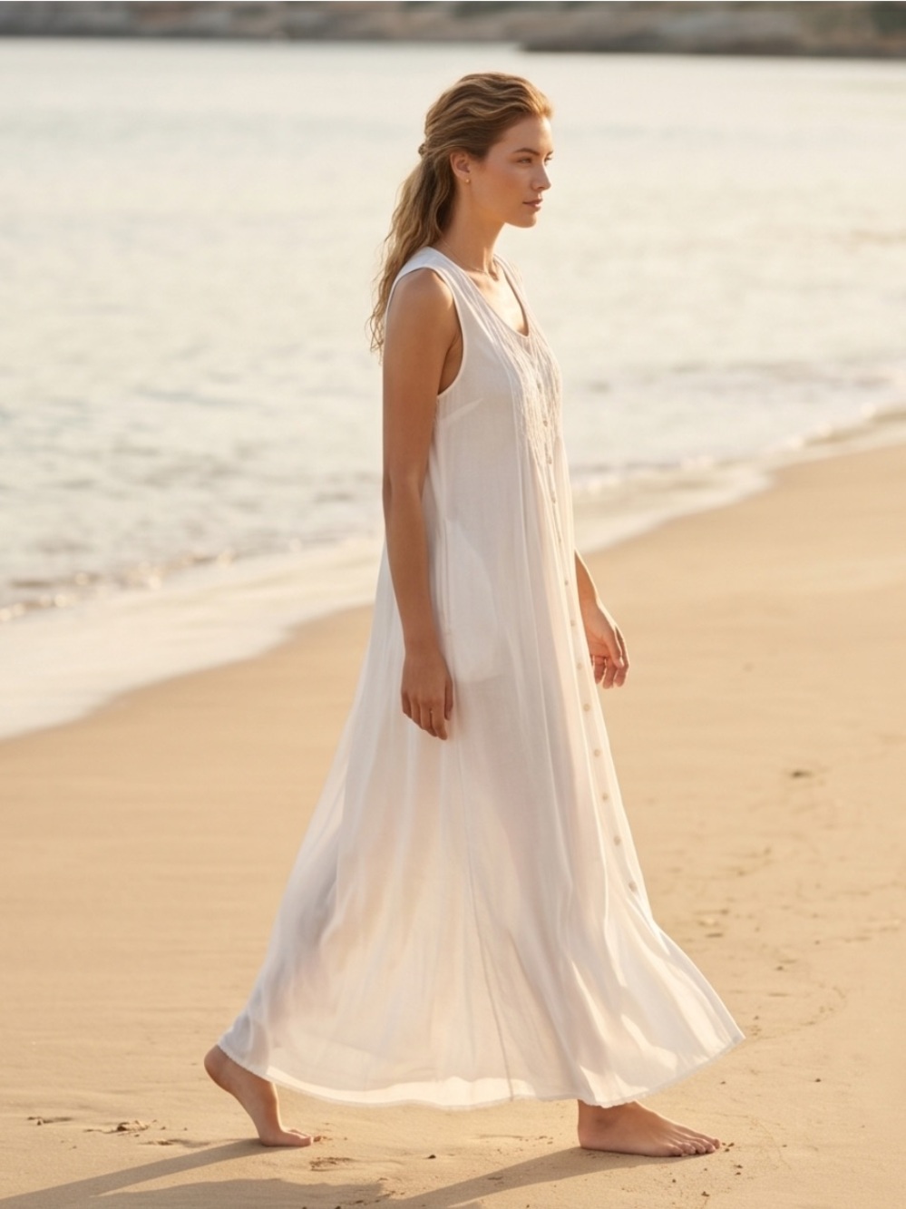 Sleeveless White Embroidered Button-Front Wedding Dress